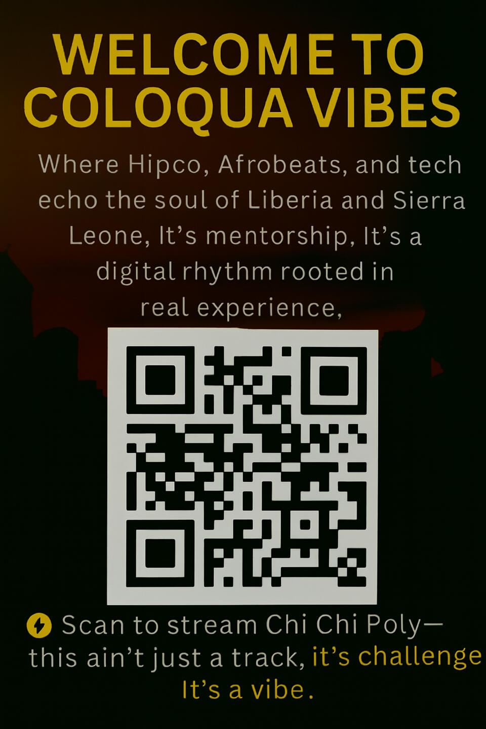 Promotional cover art for Chi Chi Poly — Official Audio. Featuring artists from Liberia and Sierra Leone. QR code links to streaming platforms.